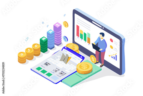 Isometric illustration of financial growth with stacked coins, bar charts, and a person using a laptop on a tablet screen