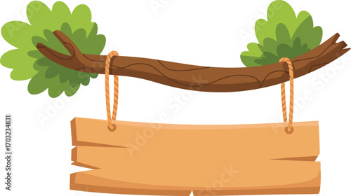 Wooden sign hanging from tree branch with green leaves rustic nature element for outdoor advertising vector hand drawn