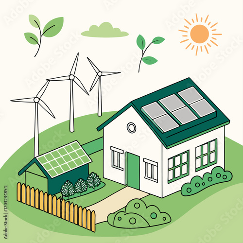 Sustainable living with solar panels and wind turbines