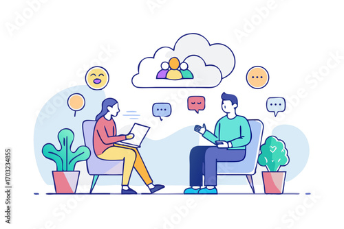 Two people sitting on sofas, talking and working on laptops, with chat bubbles and a cloud icon representing collaboration and communication