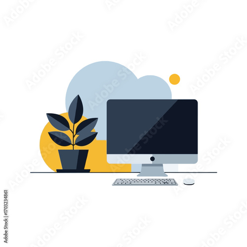 Modern workspace with computer and plant on a desk.