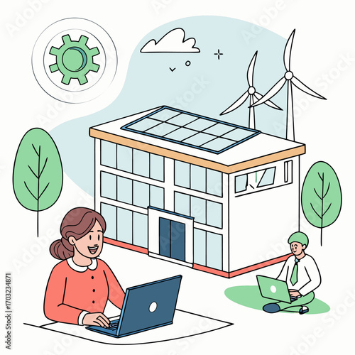 People working on laptops in front of ecofriendly building