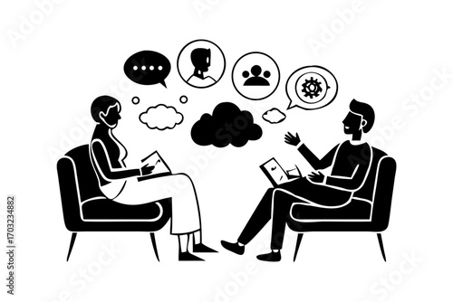 Silhouette of two people sitting in chairs, talking and working on laptops, with thought bubbles showing icons of people, gears, and profiles