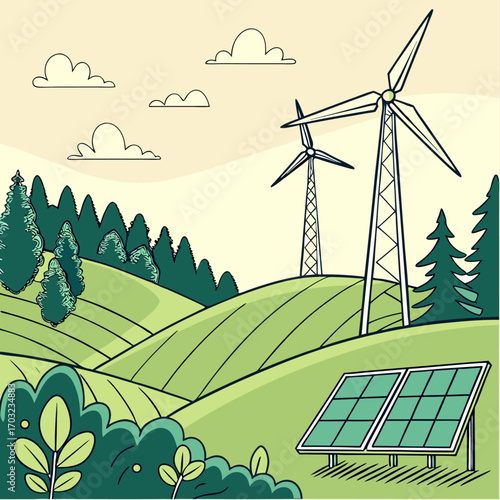 Two wind turbines and solar panels in a green landscape