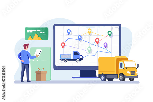 Man with tablet analyzing delivery truck routes on computer screen, logistics and shipping business concept