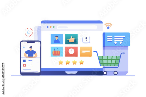 Illustration of an online shopping interface on a laptop and smartphone, featuring product icons, a shopping cart, and user ratings