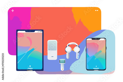 Modern digital devices including smartphones, tablets, and headphones arranged on a colorful abstract background