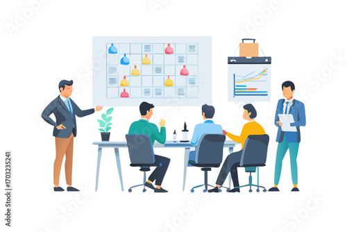 Business meeting illustration with team discussing project plan on whiteboard and calendar chart