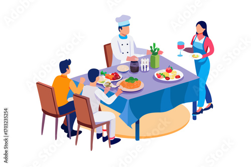 Chef serving food to guests at a dining table, creating a pleasant meal experience with delicious dishes