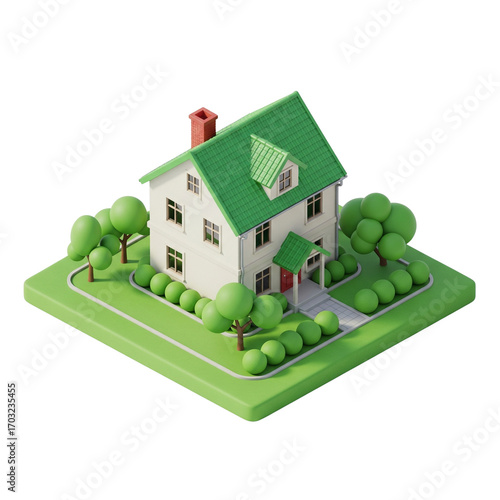 Charming 3D Render of a Quaint Suburban House with Lush Green Surroundings and Classic Design