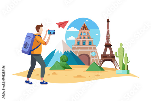 A tourist with a backpack takes a photo of famous landmarks like the eiffel tower and a mountain
