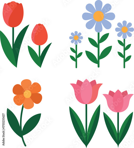 Vibrant spring flowers collection cheerful tulips daisies blooming botany art vector hand drawn