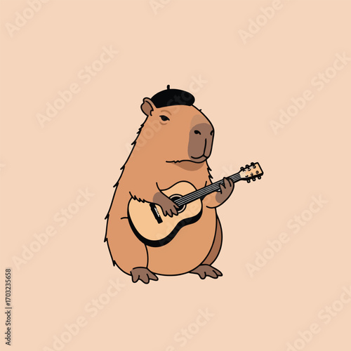 A charming cartoon illustration of a capybara wearing a black beret while playing an acoustic guitar.