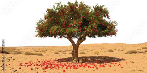 Pomegranate Tree in Desert Landscape with Fallen Fruits, Symbolizing Life, Resilience, Contrast, Nature’s Vitality, and Survival in Harsh Conditions