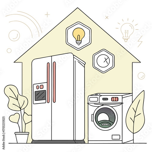 Modern household appliances inside a house outline