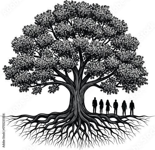Symbolic Tree of Life with Human Silhouettes, Black and White Roots and Branches, Ancestry Connection, Nature Unity, Family Growth Concept