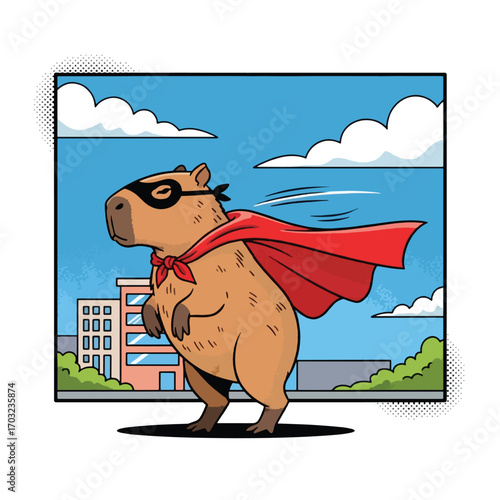A cartoon capybara dressed as a superhero with a red cape and mask, standing in front of a city skyline.