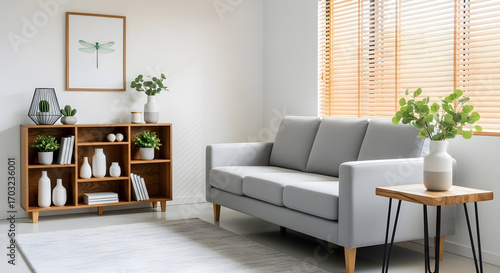 Wallpaper Mural A bright and airy living room featuring a grey sofa, a wooden shelving unit filled with decorative items, and a small side table with a vase of greenery. Torontodigital.ca