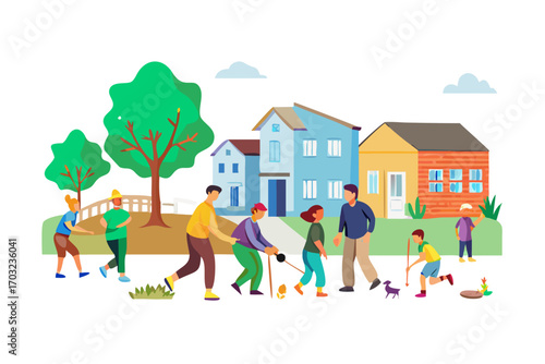 Family and community enjoying outdoor activities in a suburban neighborhood with houses and trees