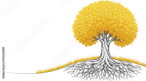 Yellow Canopy Tree with Grayscale Roots and Trunk Symbolizing Growth, Foundation, Duality, Nature Contrast, Artistic Balance, and Strength