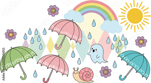 Whimsical spring rainy day vector with umbrellas, snails, rainbow, flowers, clouds, pastel colors, cartoon elements, sunshine and raindrops