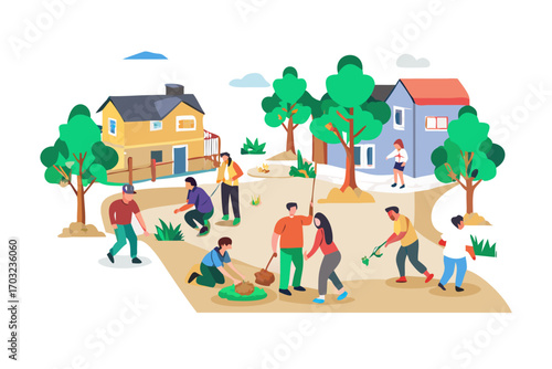 Diverse group of people gardening and doing outdoor activities in a suburban neighborhood with houses and trees