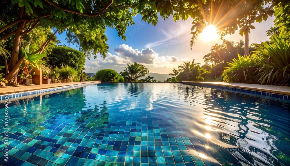 Obraz premium Tropical Pool Sunset Oasis.