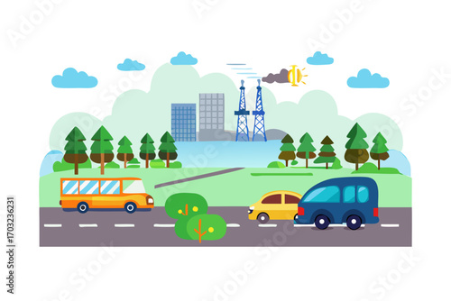 Flat illustration of a cityscape with industrial buildings, trees, clouds, and vehicles on a road, representing urban environment and pollution
