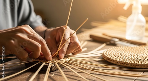Close-up of a craftsman carefully weaving strands for crafting work