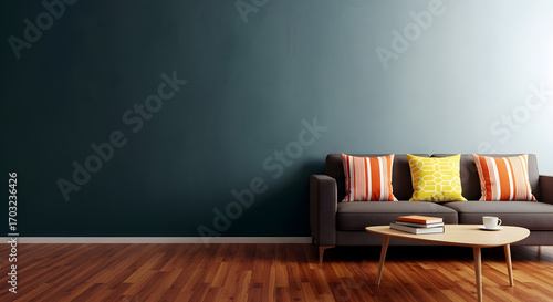 A modern living room with a dark teal wall, a comfortable sofa with colorful cushions, and a wooden coffee table.
