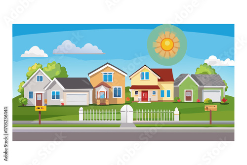 A row of suburban houses with green lawns, white picket fence, and a bright sun in the blue sky