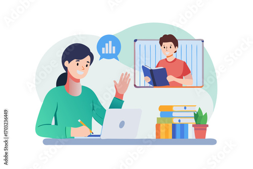 A woman learning online via video call, taking notes while a man reads a book on a screen in the background