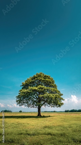 Lone tree standing in a vast green field under a clear blue sky with fluffy clouds in the background