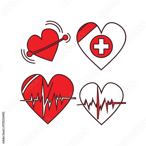 A vibrant set of medical icons and vectors illustrate the symbols of heart health, love, and life with a red heartbeat graph