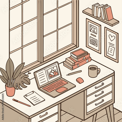 Cozy home office desk with laptop and plant by window