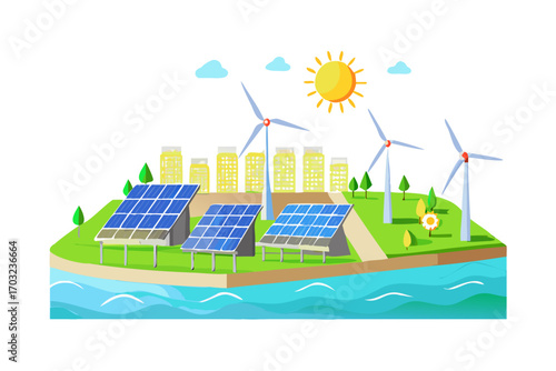 Ecofriendly cityscape with solar panels and wind turbines on a green island