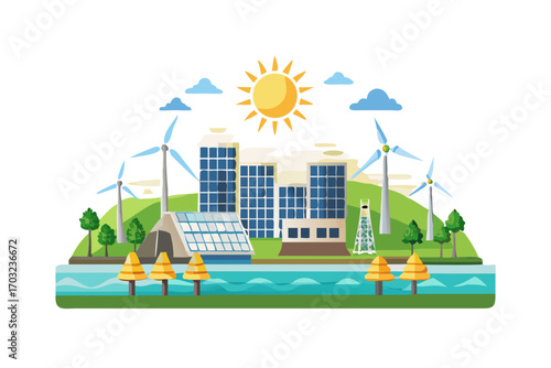 Modern city with renewable energy sources including solar panels and wind turbines