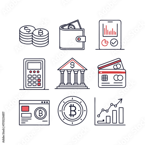 Finance and Digital Transaction Icons: A collection of meticulously designed icons represents the multifaceted world of finance, highlighting digital transactions, banking, and the evolution of money.
