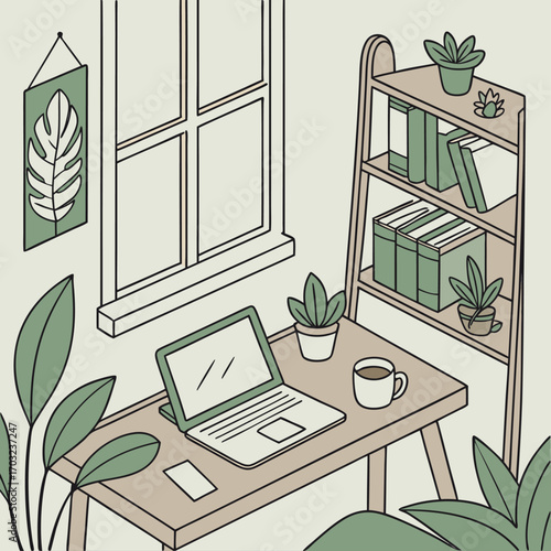 Cozy home office with laptop, plants, and window view