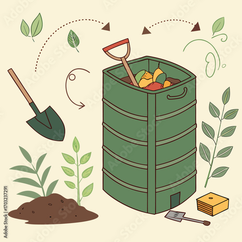 Compost bin with shovel and plants, illustration