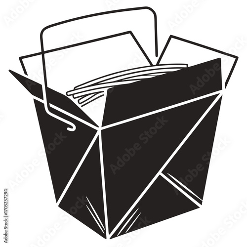 Black and white illustration of an open Chinese takeout box filled with noodles.