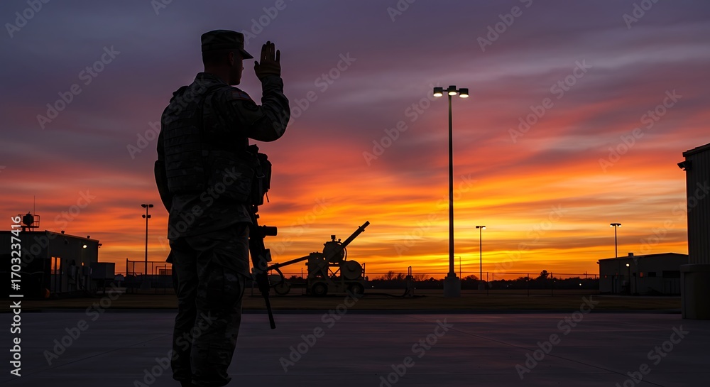 Fototapeta premium Sunset Salutation: A Soldier's Silhouette