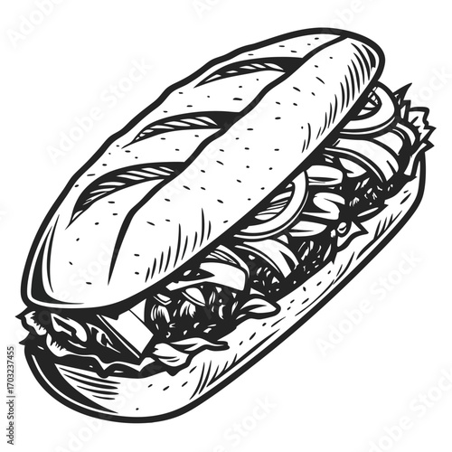 Hand drawn sketch of a delicious submarine sandwich.