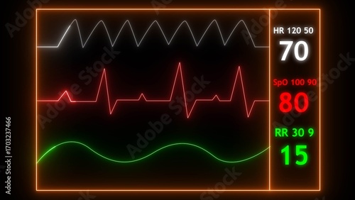 A medical monitor displays vital signs including heart rate and oxygen saturation image