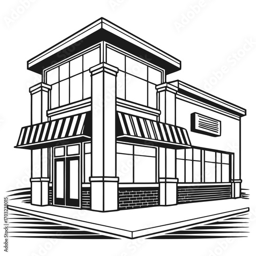Modern Commercial Building Facade with Large Windows and Awning.