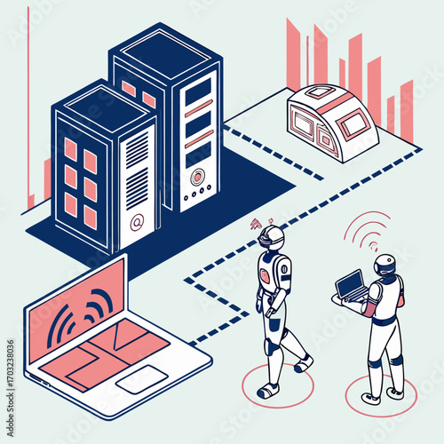 Robot and computer interacting with technology in a city