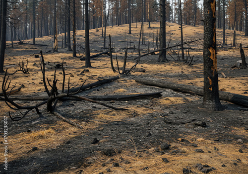 Fototapeta Naklejka Na Ścianę i Meble -  Burned forest landscape after wildfire with charred trees and dry grass