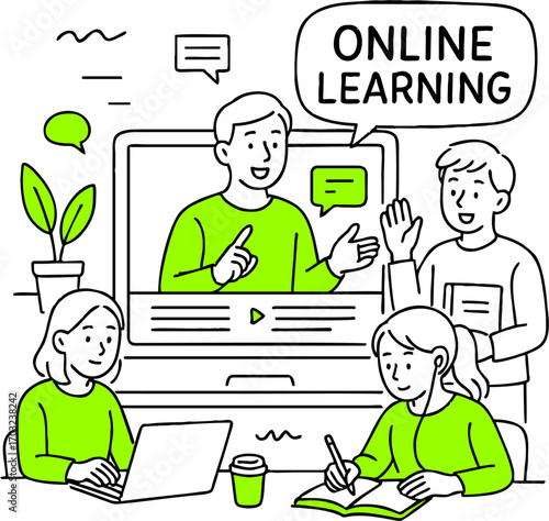 Flat design concept of online education, training and courses, learning, video tutorials. Vector illustration for website banner, marketing material, presentation template, online advertising.