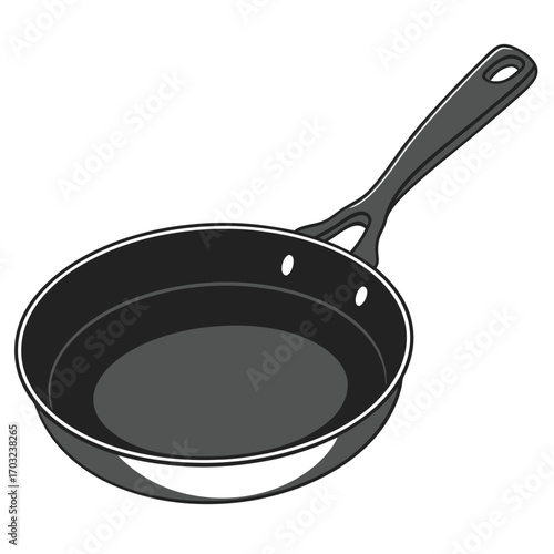 Black frying pan with black handle on white background.
