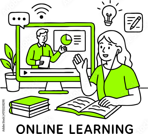 Flat design concept of online education, training and courses, learning, video tutorials. Vector illustration for website banner, marketing material, presentation template, online advertising.